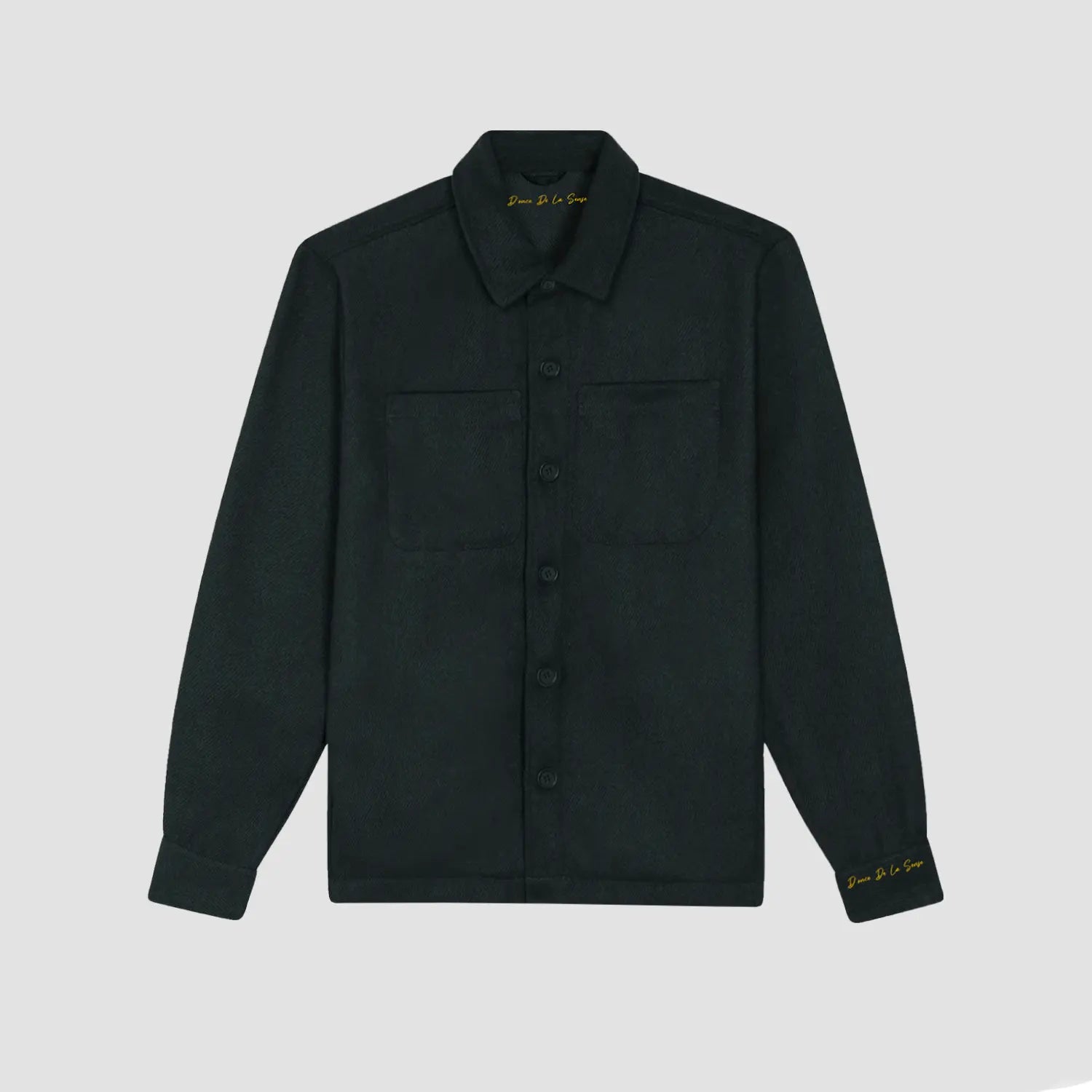 Handprinted Donce de la Sense signature overshirt in navy blue, featuring a soft brushed twill finish, perfect for exclusive winter looks in Stockholm style.