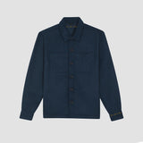 Exclusive Donce de la Sense signature overshirt in navy blue, with brushed twill texture, designed for winter layering in Stockholm style, handprinted in Sweden.